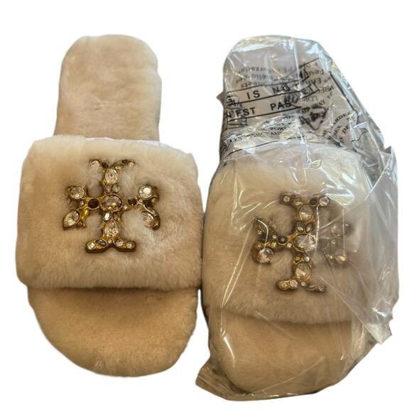 Tory Burch Jeweled Double T Shearling Fur Slide sandals NEW Size 8 - Picture 7 of 15